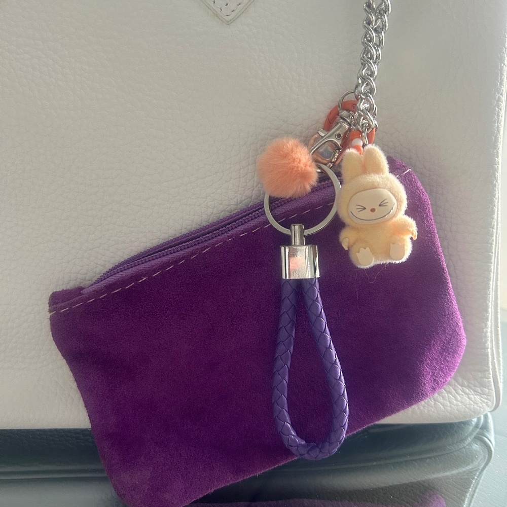 Mini monster Labubu charms purple suede change purse wallet